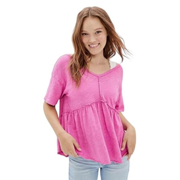 American Eagle Women's Oversized V-Neck Tee Magenta Tie Back Raw Seams S - Picture 2 of 12